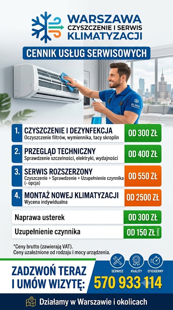 Utwórz obraz przedstawiający Warszawa Czyszczenie i Serwis Klimatyzacji 570 933 114 zrób plakat i cennik od 300zł do 900 zł